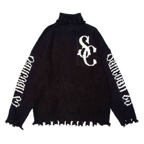 high street hole sweaters men letter jacquard knitted pullover couple casual baggy fashion full sleeve jumper autumn streetwear t220730, White;black